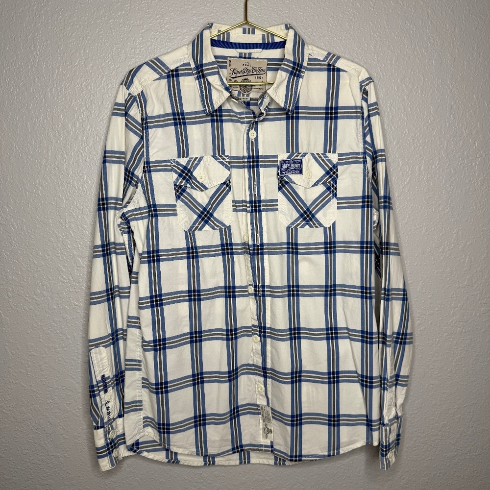 Superdry Men's Long- sleeved shirt with a blue & white [\plaid pattern - X-Large